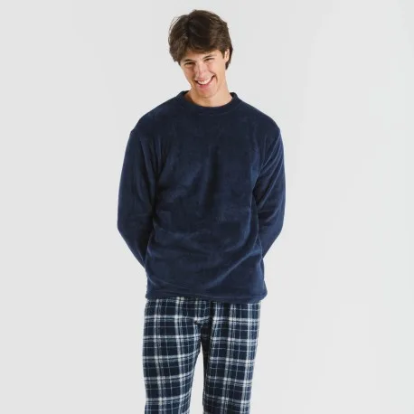 Pijama coral hombre Cuadro Brais azul marino